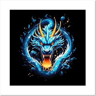 Roaring Blue Sapphire Dragon retro vintage 80s design Posters and Art